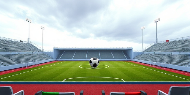 Una imagen de un campo de fútbol vacío con un balón en el centro, rodeado de banderas de Senegal y Marruecos, con un fondo de gradas vacías y un cielo nublado