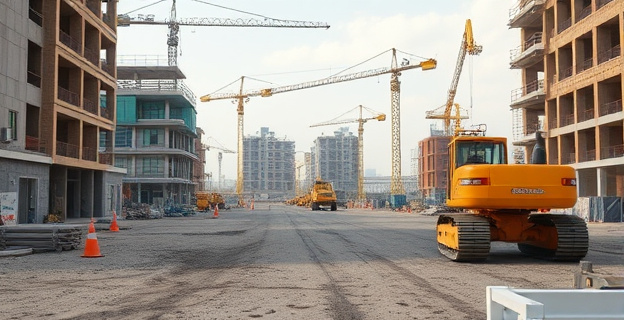 Una obra de construcción parada con trabajadores ausentes y maquinaria sin operar, reflejando el impacto del absentismo laboral.