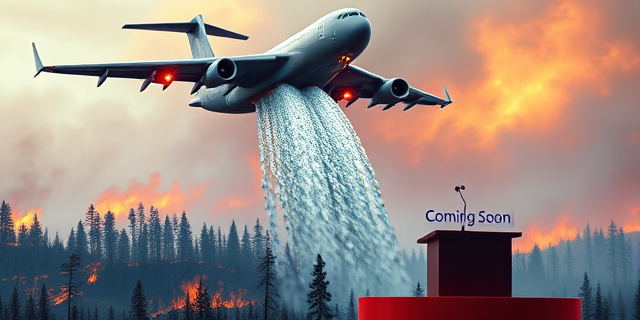 Una ilustración conceptual y satírica. Un gran avión de transporte militar moderno descargando una cascada de agua sobre un bosque en llamas. Al lado, un podio vacío con un micrófono y un folleto publicitario que dice 