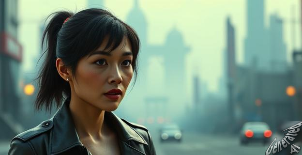 Una imagen de Michelle Yeoh como Olwen, un replicante de Blade Runner 2099, con un fondo distópico futurista.