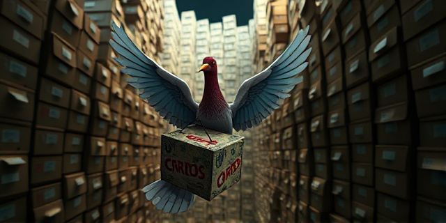 Una paloma mensajera, hecha de papel oficial y sellos postales, llevando una urna electoral agrietada en su pico. El fondo es un laberinto de cajas de Correos apiladas hasta el infinito. La iluminación es tenue y dramática, con sombras que sugieren misterio y desconfianza.