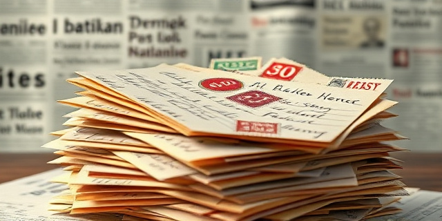 Una pila de cartas manuscritas, algunas abiertas, otras selladas, con sellos postales antiguos. Fondo difuminado con titulares de periódicos en varios idiomas. Iluminación suave y melancólica, estilo pintura al óleo.  Transmite la idea de comunicación, esperanza y la persistencia de la palabra escrita en la era digital.