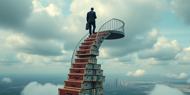Una escalera de caracol que asciende hacia un cielo nublado, con maletas de lujo apiladas en cada escalón. La escalera está construida con billetes de banco arrugados y en la cima, una silueta oscura observa la ciudad desde la distancia.