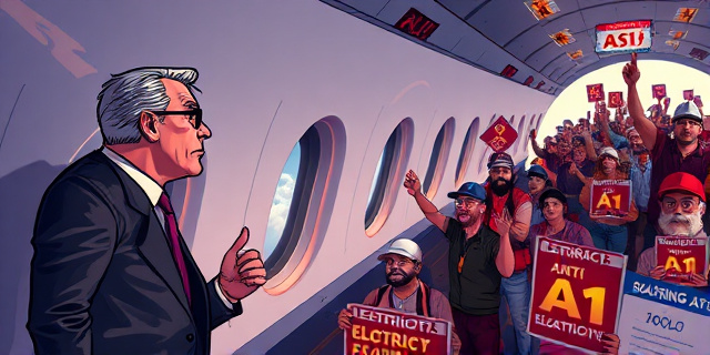 Una ilustración satírica de un magnate tecnológico con traje caro, mirando con terror desde la ventana de un jet privado hacia una multitud de trabajadores comunes sosteniendo facturas de electricidad y carteles contra la IA. Estilo editorial de revista, colores contrastados, atmósfera de tensión social.