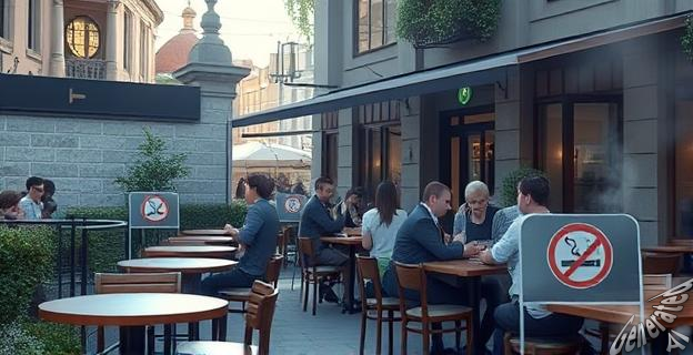Una terraza de un bar con carteles de prohibido fumar y personas fumando a 15 metros de distancia.