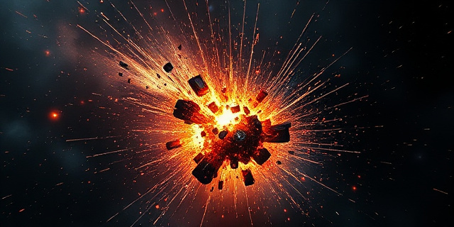 Una pintura digital abstracta que represente una explosión cósmica con fragmentos de metal y chispas brillantes. Tonos oscuros y dramáticos con toques de naranja y rojo. Estilo futurista y energético. La composición debe evocar la fragilidad de la tecnología humana en el vasto universo.