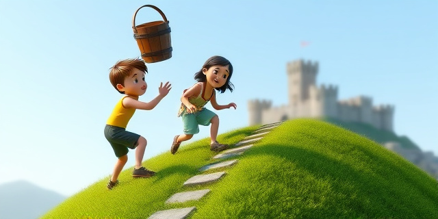 Dos niños, un chico y una chica, subiendo una colina verde con una cesta de madera de agua. El cielo es azul claro y se ve una pequeña ruta de piedras. En la distancia se ve un castillo antiguo. La escena captura el momento justo antes de que el chico caiga, con la cesta volando en el aire.