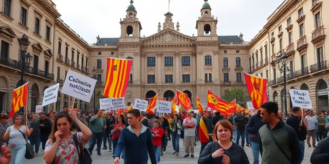 Una manifestación en la plaza del Ayuntamiento de Zaragoza con pancartas que dicen «No al imperialismo catalán» y «Defendamos nuestra identidad»
