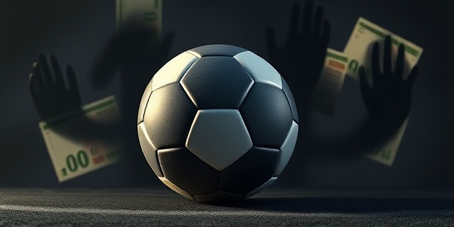 Una imagen conceptual que represente una pelota de fútbol rodeada de sombras amenazantes con forma de billetes y documentos legales. El fondo debe ser abstracto, con tonos oscuros y fríos. Transmitir una sensación de presión y peligro financiero.