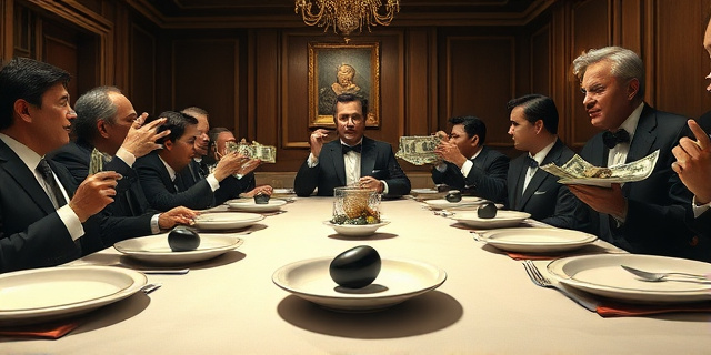 Una ilustración satírica de un banquete lujoso donde un grupo de personas con trajes elegantes come platos monumentales de dinero, mientras que en la esquina de la mesa, un pequeño plato vacío tiene una sola aceituna solitaria. Estilo editorial de revista, colores contrastados, atmósfera de ironía política.