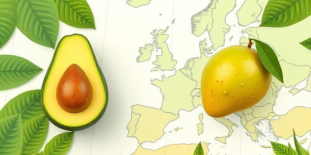Frutas tropicales verdes, aguacate y mango, sobre un mapa de Europa con líneas que indican rutas de exportación, fondo de hojas verdes y texturas de hojas tropicales, estilo artístico realista sin rostros reconocibles