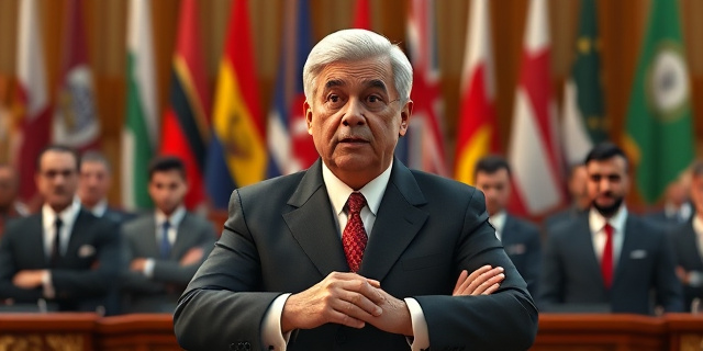 Un líder político firme y decidido, con un fondo de banderas de diferentes países, hablando en una asamblea internacional, mientras los líderes mundiales lo escuchan atentamente.
