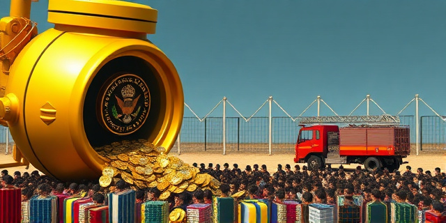Una ilustración conceptual y satírica. Una aspiradora gigante y dorada con el escudo de un gobierno absorbiendo monedas y billetes de una multitud de ciudadanos pequeños y cansados. Al fondo, una frontera descuidada con vallas rotas y un camión de bomberos antiguo y oxidado, contrastando la opulencia de la recaudación con la precariedad de los servicios públicos. Estilo editorial de revista política, colores contrastados.