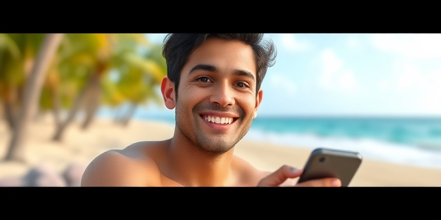 Una imagen de una persona sonriendo en una playa mexicana, con un teléfono móvil en la mano y un fondo de palmeras y mar