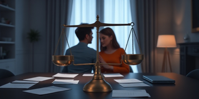 Una pareja en una sala moderna, con una balanza de equilibrio que muestra una ligera inclinación. La mesa está cubierta con papeles y un móvil que vibra, simbolizando la comunicación constante. Al fondo una ventana con luz tenue y sombras que sugieren tensiones. El estilo es contemporáneo, con colores contrastantes y líneas limpias, sin rostros ni nombres específicos.