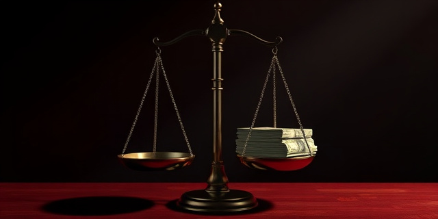Una balanza de la justicia desequilibrada por fajos de billetes, con sombras alargadas que sugieren corrupción. Estilo pictórico oscuro y expresionista, con colores contrastantes como el rojo y el negro. La balanza está a punto de romperse bajo el peso del dinero.