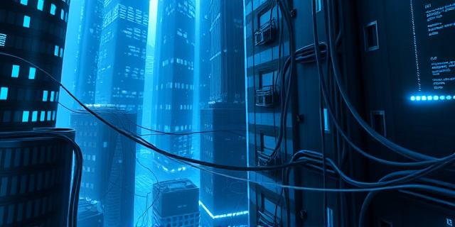 Una representación abstracta de un laberinto de edificios financieros modernos, con cables de datos entrelazados y un brillo azul eléctrico que emana de las pantallas. La escena debe evocar una sensación de incertidumbre y transformación, con sombras alargadas y formas geométricas distorsionadas.