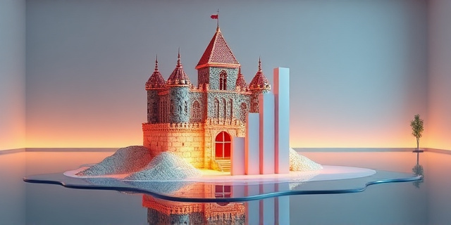 Una ilustración conceptual y satírica de un castillo hecho de billetes y chips de computadora que se está derritiendo como si fuera cera, con un gráfico de barras gigante que cae en picado hacia un charco de agua. Estilo editorial moderno, colores contrastados, fondo minimalista de oficina corporativa vacía.