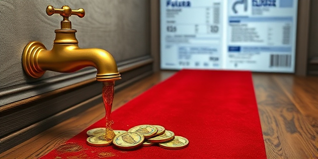 Una ilustración satírica y conceptual. Un grifo de agua dorado y lujoso goteando monedas de euro sobre un suelo de madera vieja. Al fondo, una factura de luz gigante que actúa como una alfombra roja para una persona invisible. Estilo editorial de revista, colores contrastados, atmósfera de ironía social.
