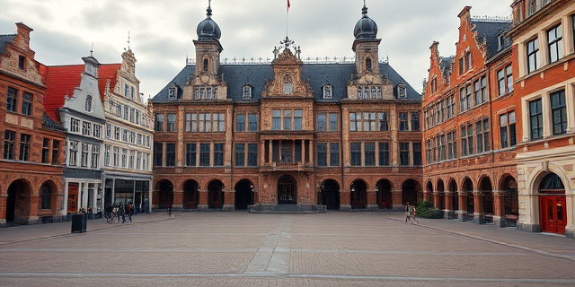 Un edificio histórico en el centro de Utrecht con una gran sala de actos y varias salas de reuniones, rodeado de edificios antiguos y con una plaza emblemática al frente.