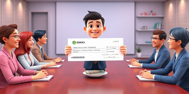 Una mesa de reuniones con personas sonrientes y felices, mientras se reparten cheques y dinero. En el centro, una figura con un traje y una sonrisa, sosteniendo un cheque con una gran cantidad de dinero.