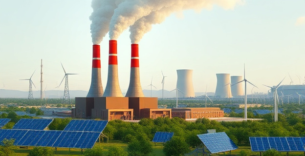 Una central eléctrica de gas natural con enormes chimeneas humeantes, rodeada de paneles solares y aerogeneradores. Al fondo, una silueta de una central nuclear. La escena refleja tensión y sobrecarga energética.