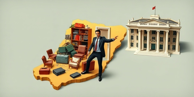Una ilustración conceptual y satírica. Un mapa de Extremadura representado como un pequeño apartamento abarrotado de maletas y sillas, donde un funcionario con traje intenta cerrar la puerta con llave mientras señala con ironía un edificio gubernamental lujoso y vacío al lado. Estilo editorial de revista, colores contrastados, atmósfera de tensión burocrática, sin rostros reconocibles.