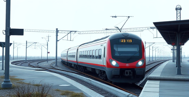 Una imagen conceptual de un tren de alta velocidad detenido en una estación desierta, con un fondo que muestra un reloj marcando el paso del tiempo, simbolizando el retraso y la incertidumbre.