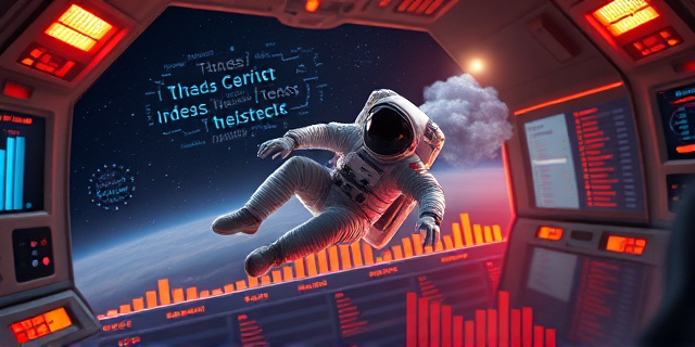 Un astronauta flotando en una estación orbital, con luces parpadeantes que simulan una sala de control de oficina. La escena muestra un gráfico de barras que se transforma en una lista de tareas, mientras una nube de palabras flota alrededor, representando ideas y confianza. El fondo es un cielo estrellado con una ciudad pequeña debajo, simbolizando la conexión entre el espacio y la vida cotidiana.