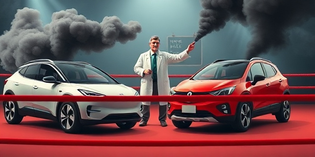 Una ilustración satírica que muestra un coche eléctrico y un coche de gasolina enfrentados en un ring de boxeo. El coche eléctrico tiene un aura de limpieza tecnológica, mientras que el de gasolina exhala nubes de humo negro. De fondo, un científico con una bata blanca y una pizarra llena de ecuaciones del MIT actúa como árbitro, señalando al coche eléctrico como ganador. Estilo editorial de revista, colores contrastados, atmósfera irónica.