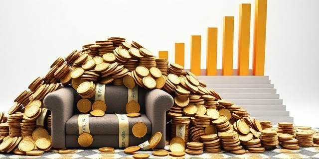 Una ilustración conceptual y satírica que muestra una montaña gigante de monedas y billetes de euro que se transforma en un sofá cómodo y mullido. De fondo, un gráfico de barras ascendente que se convierte en una escalera que no lleva a ninguna parte. Estilo editorial de revista económica, colores contrastados, sin personas reales.