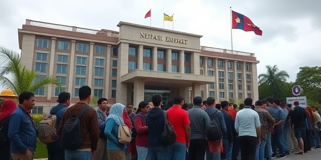Una cola de personas nepalíes frente a una embajada, con un gran edificio detrás y un cielo nublado