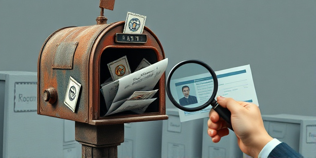 Una ilustración surrealista de un buzón de correos antiguo y oxidado que escupe papeles con sellos oficiales, mientras una mano sostiene una lupa sobre un documento de identidad. Estilo editorial, colores saturados, fondo de oficina gris y aburrida.