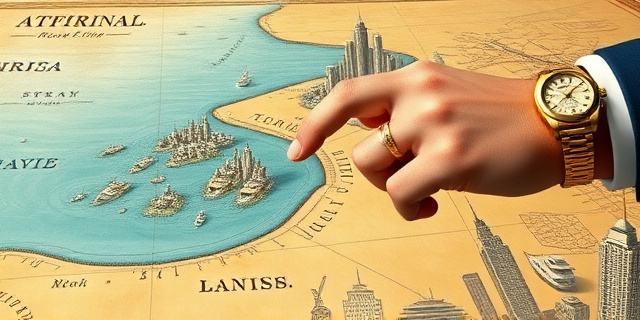 Una ilustración conceptual y satírica. En primer plano, un mapa antiguo de un estrecho marino donde una mano con un anillo de oro y un reloj caro está 