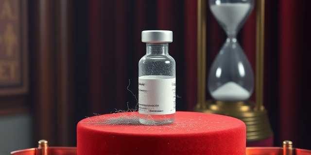 Una ilustración conceptual y satírica. Un frasco de vacuna brillante y tecnológico colocado sobre un pedestal de terciopelo rojo, pero cubierto por una densa capa de polvo y telarañas. Al fondo, un reloj de arena donde la arena no cae, simbolizando la parálisis burocrática. Estilo editorial moderno, colores contrastados, atmósfera de abandono institucional.