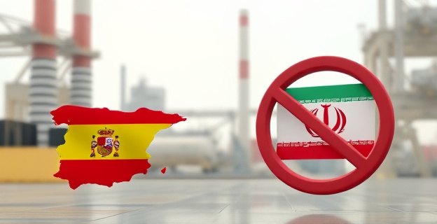 Una imagen conceptual que represente la exportación de tecnología de doble uso desde España a Irán, con elementos industriales y símbolos de embargo o restricción al fondo. No incluir caras de personas reales.