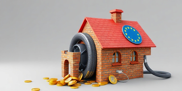 Una ilustración conceptual y satírica. Una casa pequeña de ladrillo siendo lentamente devorada por una aspiradora gigante con la bandera de España y la Unión Europea, que succiona monedas de oro y billetes desde los cimientos. Estilo editorial de revista económica, colores contrastados, fondo minimalista gris.
