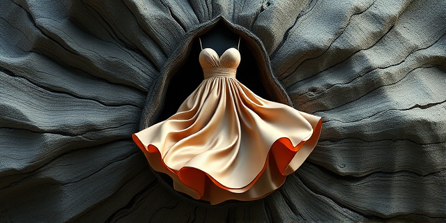 Una escultura abstracta que representa un vestido fluido y orgánico, emergente de una textura rugosa y oscura que evoca la madera erosionada por el mar. La paleta de colores se centra en tonos tierra, beige y marrón, con sutiles reflejos plateados que simbolizan la innovación tecnológica. La composición transmite una sensación de fragilidad y resistencia simultáneas.