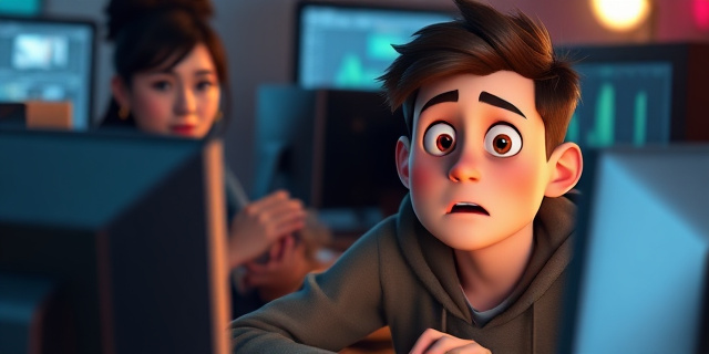 Un joven sentado frente a una computadora, con una expresión de sorpresa y miedo en su rostro, mientras una mujer lo observa desde la sombra, con un fondo de pantallas de computadoras y teléfonos móviles
