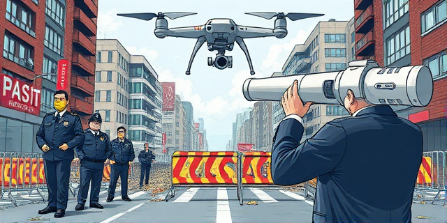 Una ilustración conceptual y satírica. En la parte superior, un dron moderno y tecnológico sobrevuela una calle urbana caótica con vallas volcadas. Abajo, una división marcada: de un lado, agentes de policía con rostros cansados y del otro, un burócrata con traje elegante mirando la escena a través de un telescopio invertido, simbolizando la distorsión de la realidad. Estilo editorial de revista, colores contrastados, atmósfera de tensión urbana.