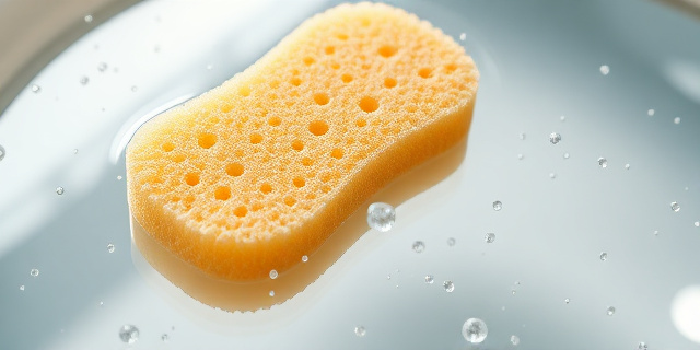 Una esponja de cocina con microplásticos flotando en el agua