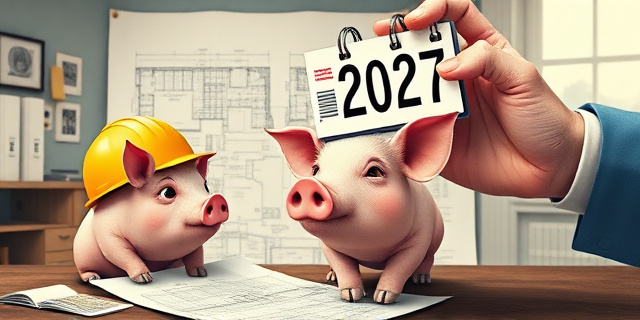 Una ilustración satírica y conceptual. Un cerdo con un casco de obra y un plano arquitectónico frente a él, mientras una mano gigante con un sello de la Unión Europea marca el calendario en el año 2027. Estilo editorial de revista, colores contrastados, atmósfera de oficina burocrática mezclada con una granja moderna.