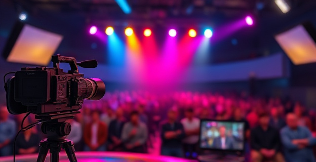 Un plató de televisión iluminado con focos de colores, con una cámara y un equipo de sonido profesional. Al fondo, un público expectante.