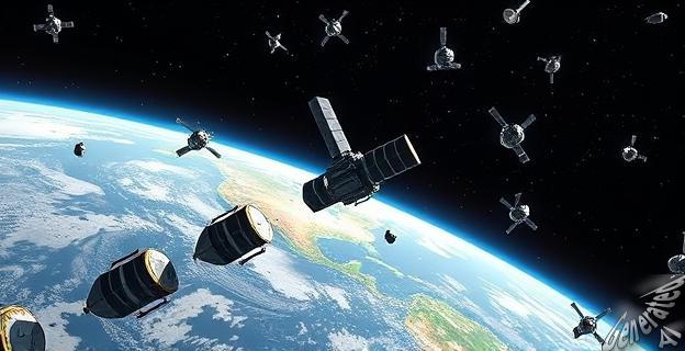 Imagen de una constelación de satélites en órbita alrededor de la Tierra con algunos de ellos desintegrándose al entrar en la atmósfera, generando residuos y nanopartículas de óxido de aluminio