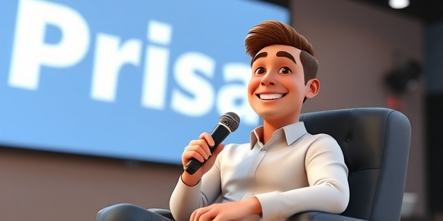 Una imagen de un hombre sentado en una silla, con un micrófono en la mano y una sonrisa en el rostro, mientras que detrás de él hay una gran pantalla con el logotipo de Prisa