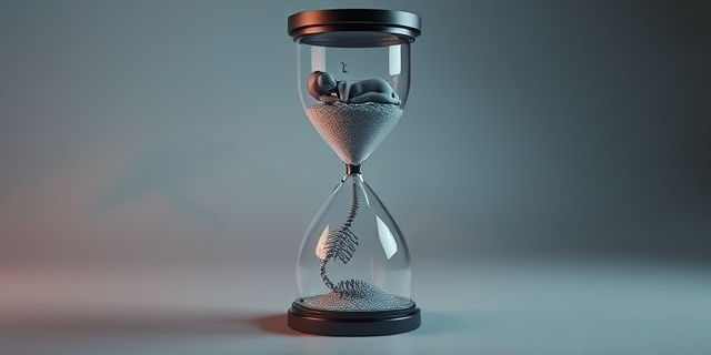 Una imagen conceptual que represente un reloj de arena con una silueta humana durmiendo en la parte superior y un esqueleto en la parte inferior. El reloj de arena está ligeramente distorsionado, simbolizando la aceleración del tiempo. Colores suaves y tonos pastel, con una iluminación suave y misteriosa. El estilo artístico debe ser abstracto y onírico.