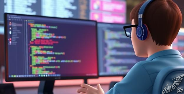 Ilustración de un programador frente a una pantalla de computadora con código y una herramienta de IA en segundo plano