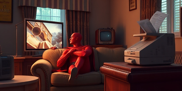 Una ilustración satírica de un superhéroe con capa roja sentada en un sofá antiguo, mirando con nostalgia un televisor de tubo que muestra una película de los años 70. A su lado, una máquina de fax antigua escupiendo papeles. Estilo de arte conceptual cinematográfico con colores saturados pero desgastados, atmósfera de melancolía suburbana.