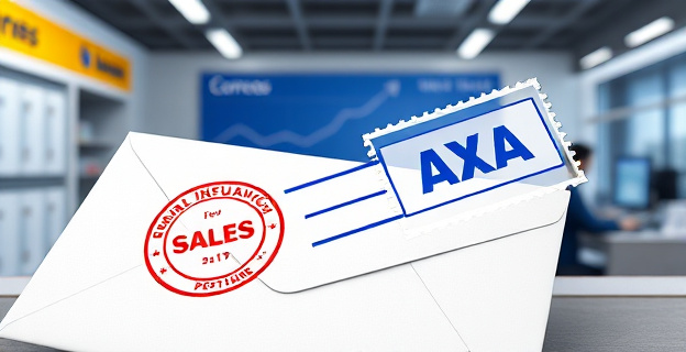 Una imagen que represente un sobre de Correos con un sello de AXA Seguros, con un gráfico de ventas en declive al fondo, en un entorno de oficina postal con empleados trabajando en la venta de seguros.