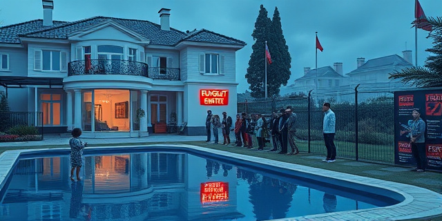 
  Una ilustración surrealista en estilo fotografía documental con toques de cómic. En primer plano, un chalet de lujo con piscina y jardín vallado, pero con detalles exagerados: un niño con pijama y tablet flotando en la piscina, otro regando el huerto con una regadera de oro, y un letrero gigante en la puerta que dice 